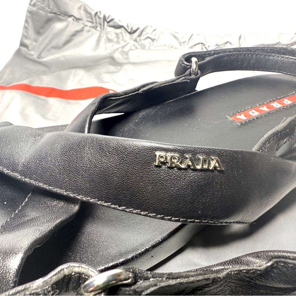 Prada  Velcro Fastening Black Criss Cross Leather Sandals. Size 7 - Picture 8 of 10